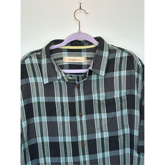 Tommy Bahama Gray Plaid 100% Silk Button Down Shirt Size XL - Picture 2 of 6